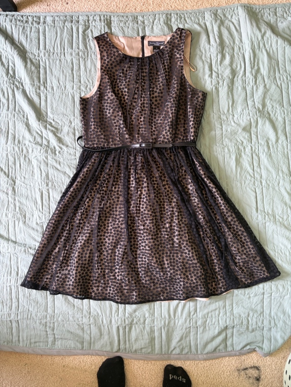 Jessica Howard Black Polka Dot Evening Dress with Nude Lining
